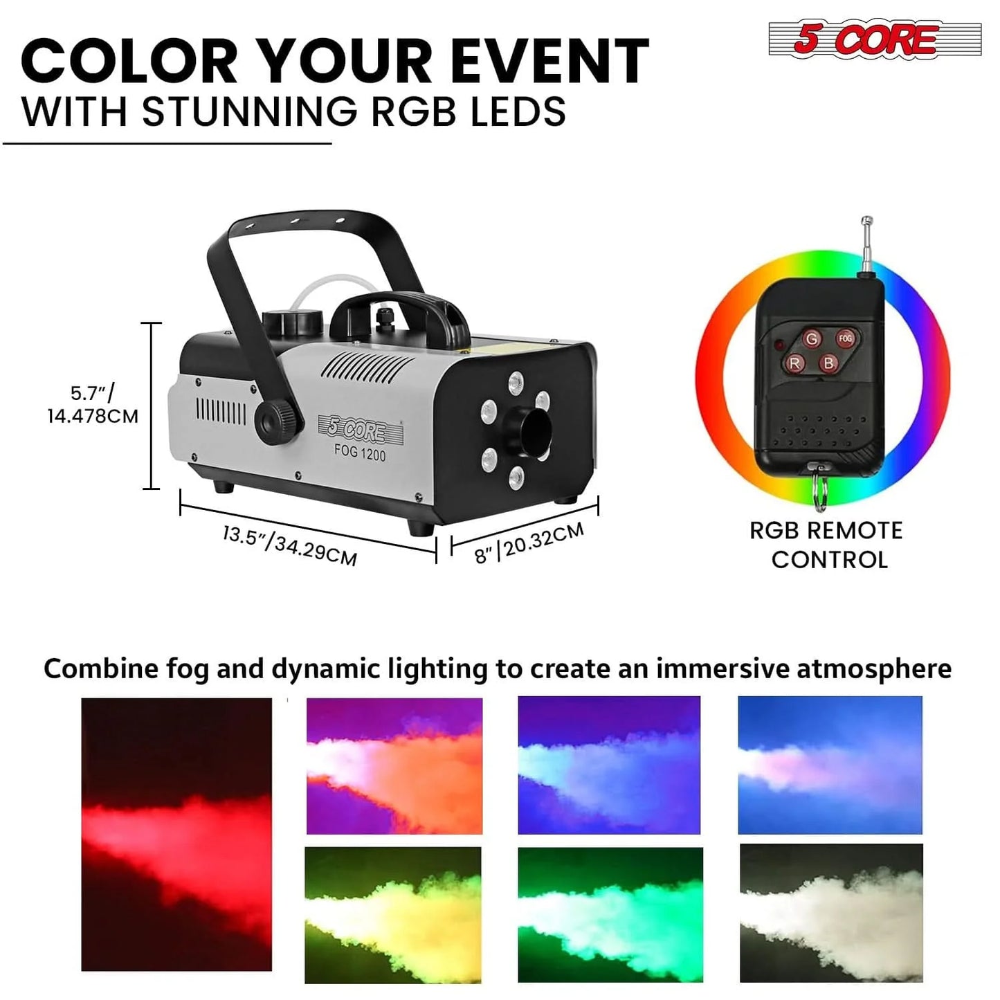 5Core 1200W Fog Smoke Machine with LED Lights - Low Lying Indoor/Outdoor Fog Maker (1L)