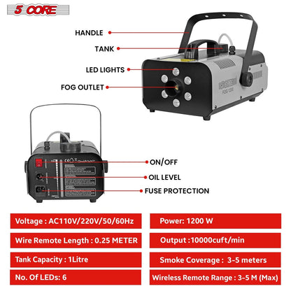 5Core 1200W Fog Smoke Machine with LED Lights - Low Lying Indoor/Outdoor Fog Maker (1L)